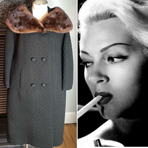 VINTAGE 40s 50s MCM Morris B Sachs Wool Mink Collar Swing Coat XS S - Picture 1 of 15